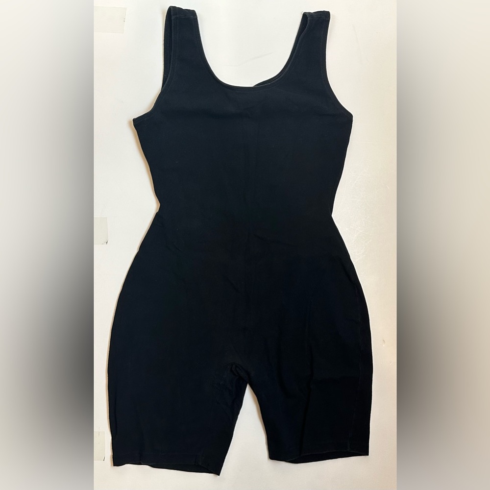 Vintage 90s HANES Her Way Black Bike Short Bodysuit XL Stretchy Cotton Blend